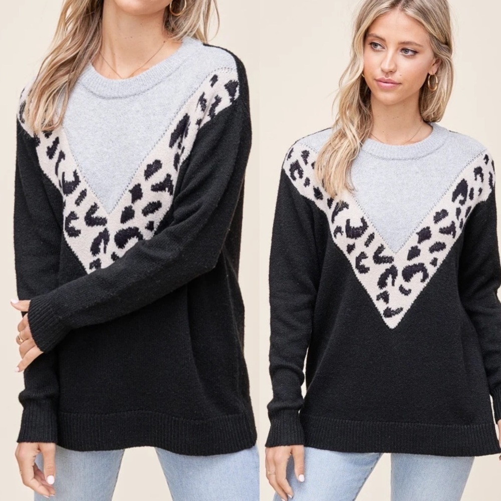 Staccato Black & Cream Chevron Stripe Color Block Pull On Sweater Size Medium